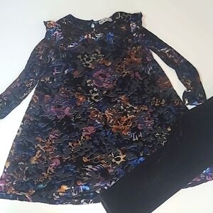 DEX Multicolor Velvet Long Sleeve Sheer arms Watercolour print Frill